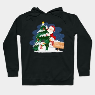 Santa claus with christmas tree and snowman at night Hoodie